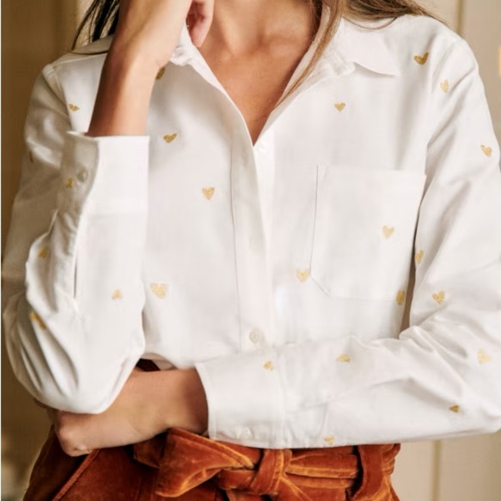 Sezane Tomboy Shirt Embroidered Gold Hearts